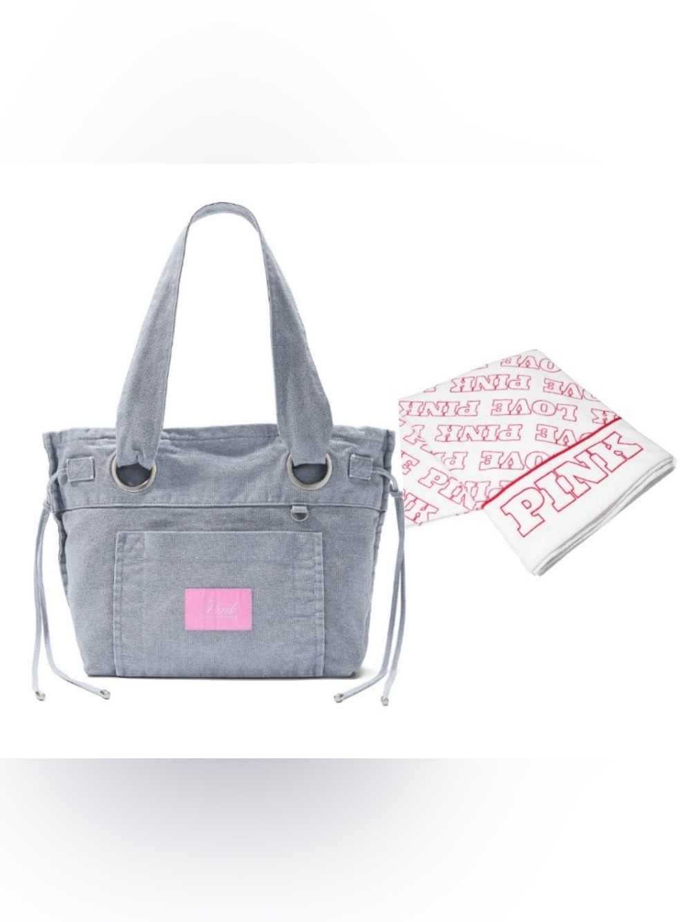 PINK Victoria's Secret Denim Flat Bottom Tote Bag with Pink Logo Towel